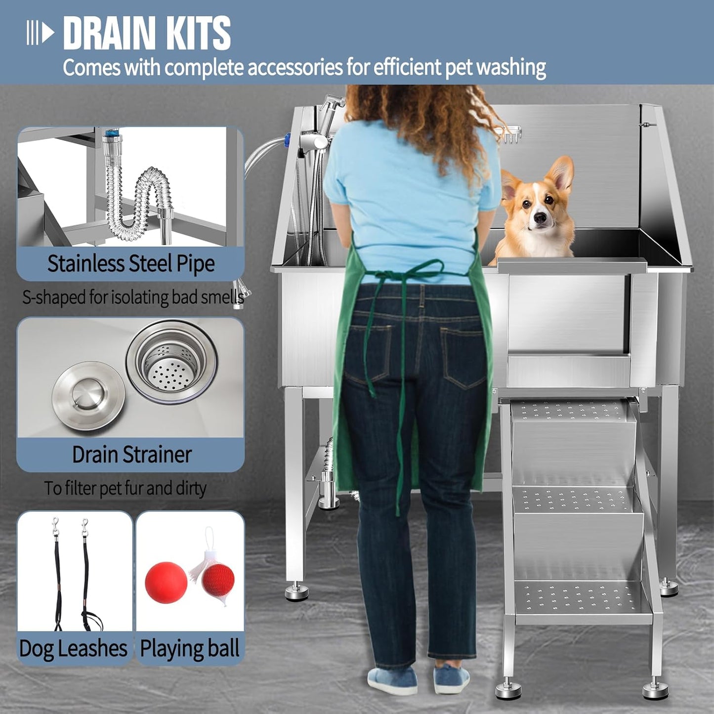 38" Pet Dog Bathing Station W/Stairs, Professional Stainless Steel Dog Grooming Tub W/Soap Box, Faucet,Rich Accessory, Dog Bathtub for Large,Medium,Small Pets, Washing Sink for Home,R-RAMP