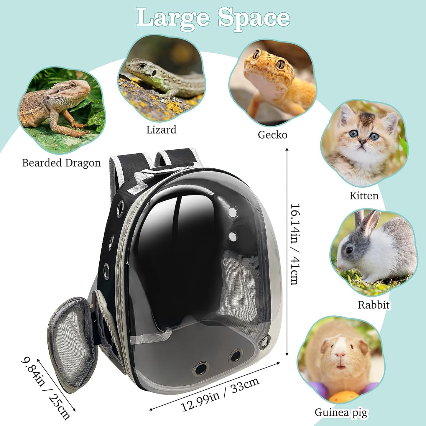 PINVNBY Bearded Dragon Carrier Backpack with Harness and Leash Set Large Reptile Travel Carrier Portable Lizard Backpack Clear Bubble Window Small Animal Carrying Bag for Gecko Kitten Rabbit (Black)