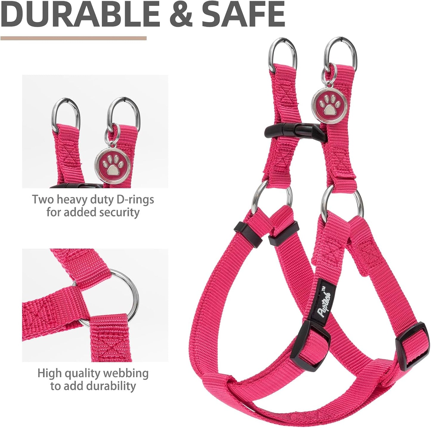 PUPTECK No Pull Dog Harness Soft Adjustable Basic Nylon Step in Puppy Vest Outdoor Walking with ID Tag and A-ir Tag Case, Hot Pink, L