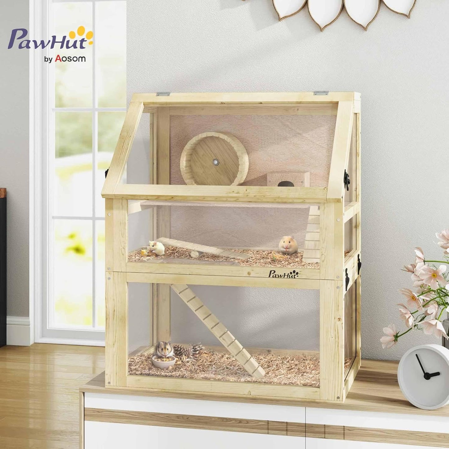 PawHut Wooden Hamster Cage, 3 Tier Small Animal Cage with Detachable 12.6" Deep Bottom, Hut, Seesaw, Exercise Wheel, Ramps, Hamster Habitat for Dwarf, Gerbil, 24" x 16" x 29.5"