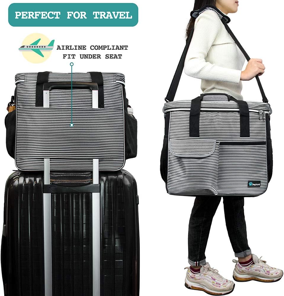 PetAmi Dog Travel Bag - Organizer with Food Container, Bowls & Accessories for Weekend Camping, Cat Diaper Bag (Stripe Black, Large)