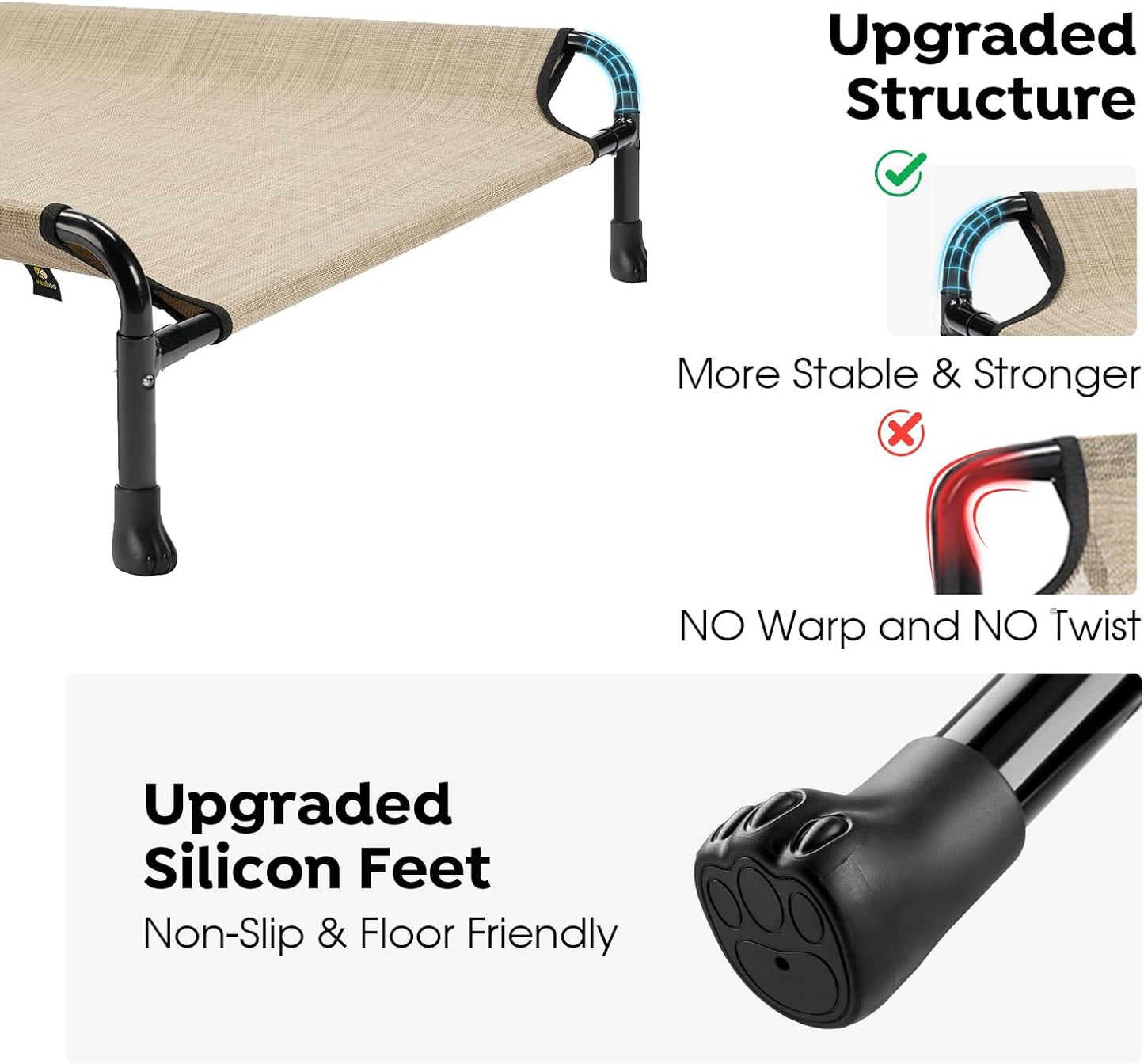 Veehoo Cooling Elevated Dog Bed - Raised for Large Dogs, Outdoor With Guardrail, Upgraded Non-Slip Feet, Breathable Teslin Mesh, Portable Camping Cot, 47 x 29 Inches, Beige Coffee