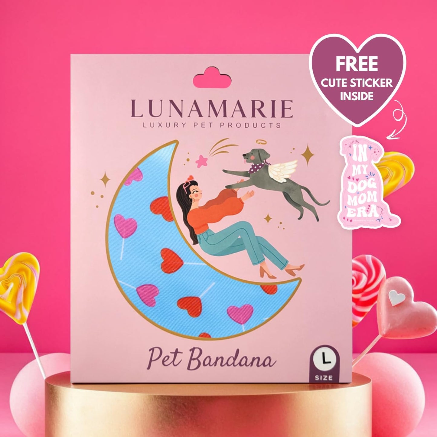 LunaMarie - Luxury Pet Birthday Bandanas -Premium & Silky Poly Fabric | 100% Handmade | Custom Shape Dual Layered (LoviePop, Large)