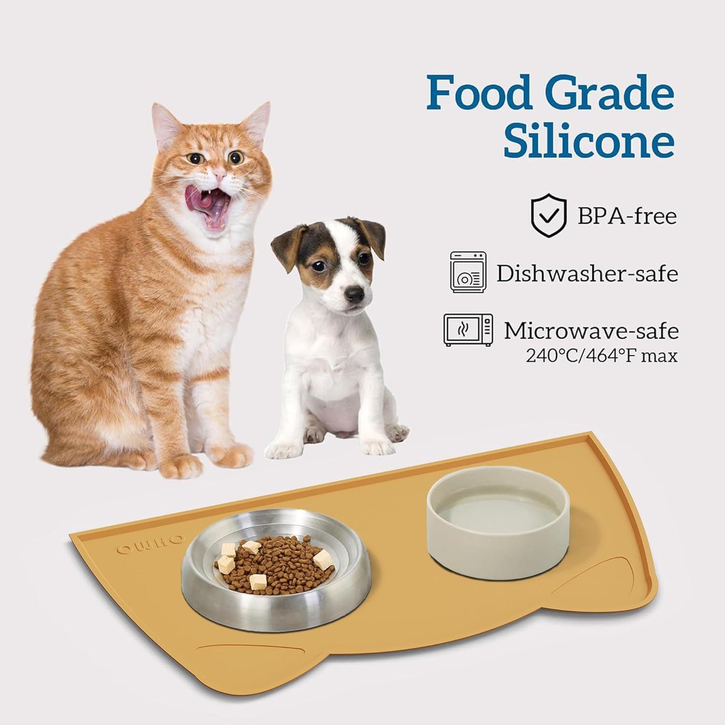 OHMO - Cat Food Mat, Silicone Pet Feeding Mat for Floor Non-Skid Waterproof Dog Water Bowl Tray, Easy to Clean Pet Placemat (Honey, 18 * 9.8'')