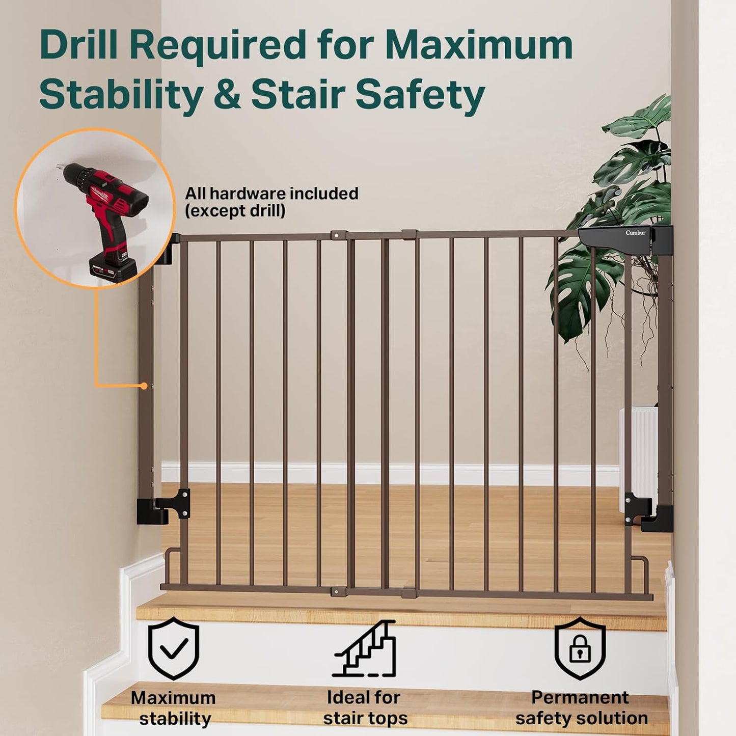 Cumbor 29.2-43" No Bottom Bar Baby Gate for Stairs, 2-in-1 Hardware Mounted Dog Gate Indoor, Pet Gate for Doorways with Large Walk Thru Door, Child-Proof Safety Gate for Top & Bottom of Stairs (Brown)