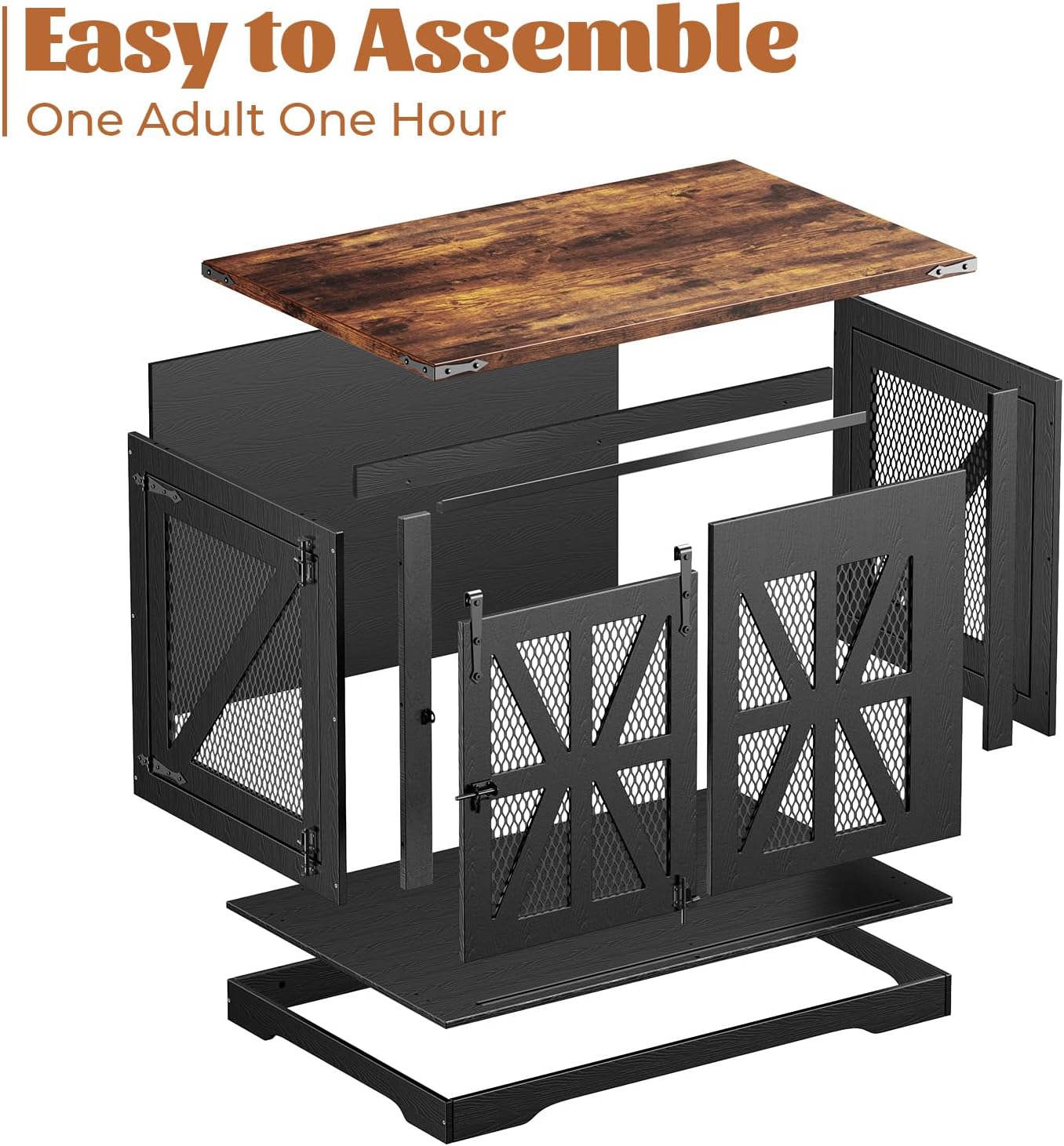 VOPEAK 43.3" XL Dog Crate Furniture, Chew Resistant Dog Crate for Medium Large Dogs, Heavy Duty Extra Large Dog Crate Dog Kennel Indoor with Double Doors, Wooden End Table for Living Room, Black