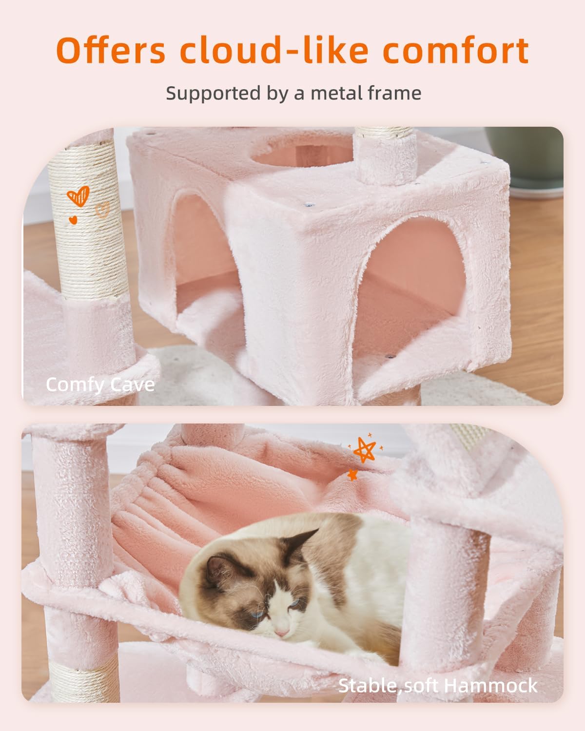 Taoqimiao Cat Tree 71-Inch, Cat Tower for Indoor Cats Large Adult, Multi-Level Large Cat Condo, 8 Sisal Scratching Posts, Metal Frame Cozy Hammock, Scratch Board, 2 Top Perches, Jelly Pink MS026LP
