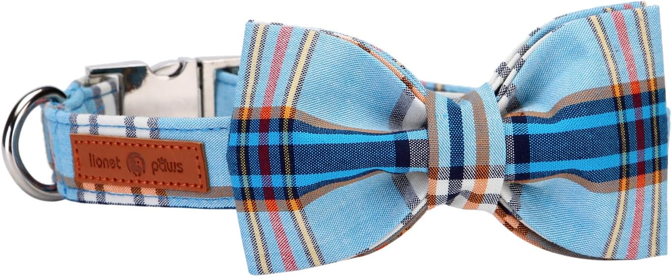 Lionet Paws Boy Dog Collar with Bowtie, Comfortable Adjustable Cute Blue Plaid Bow Tie Collar for Male Dogs Gift, Medium, Neck 13.5-22 inches