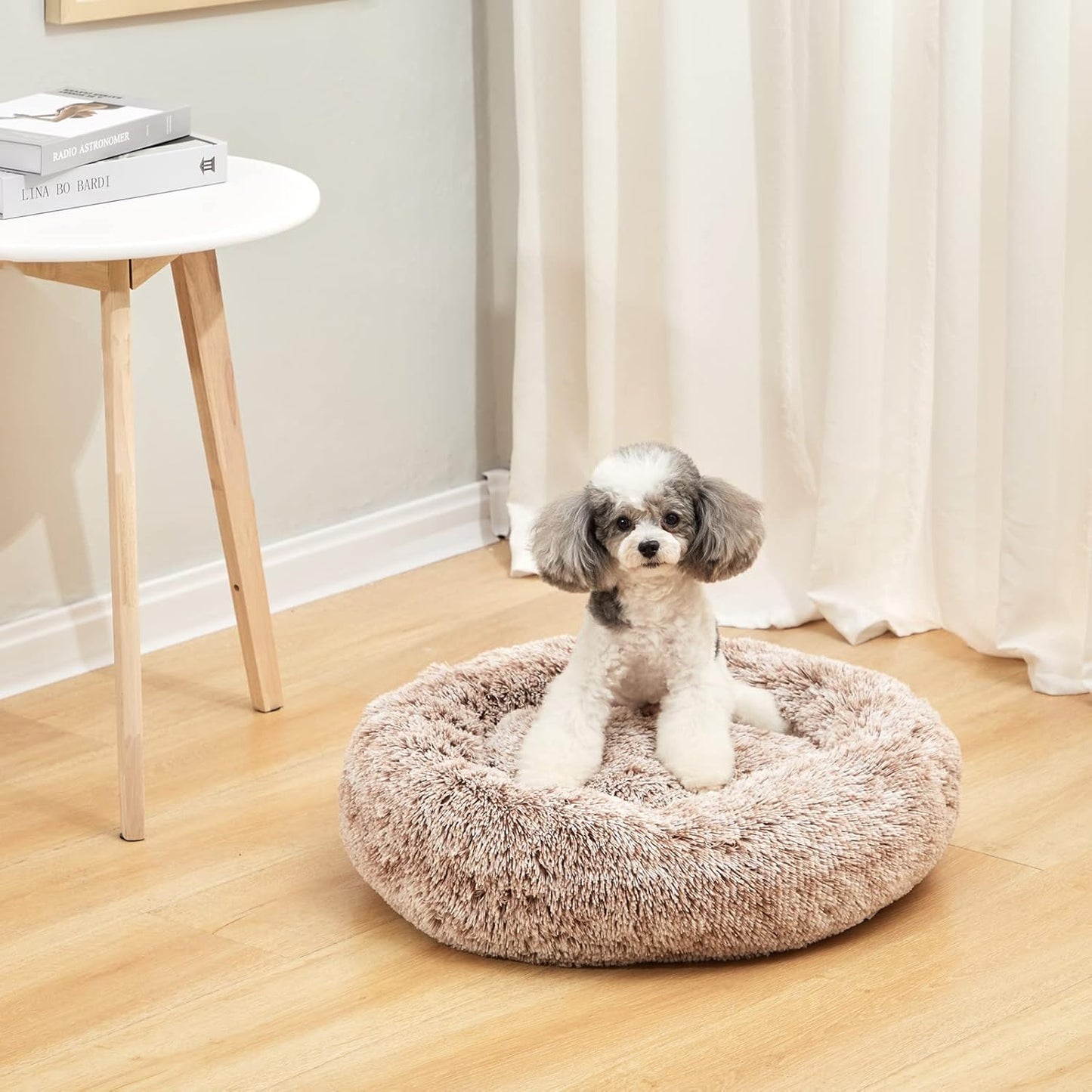 Bedfolks Calming Donut Dog Bed, 23 Inches Round Fluffy Dog Beds for Small Dogs, Machine Washable Anti-Anxiety Plush Puppy Bed（Brown, Small）
