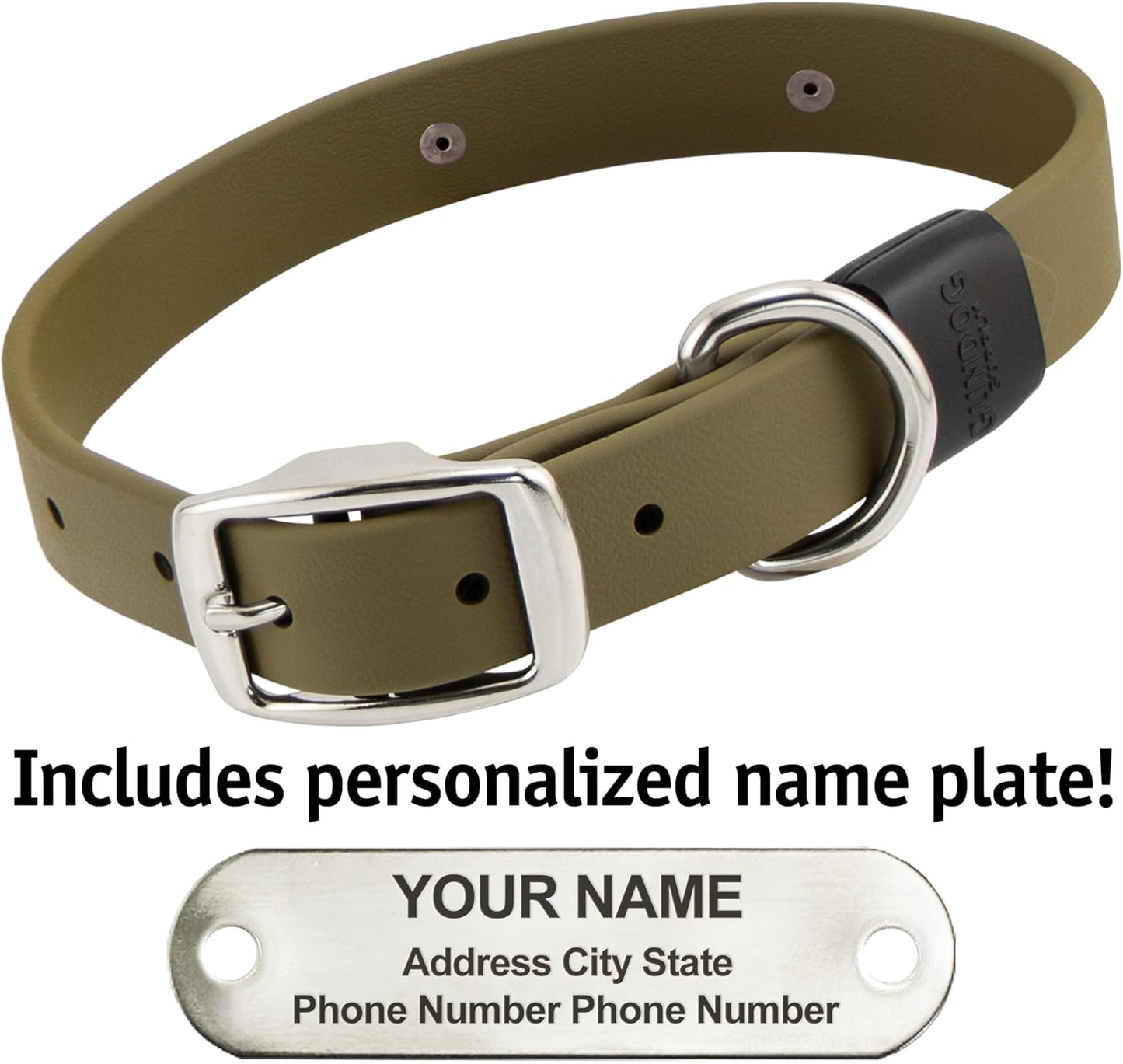Biothane Custom Dog Collar – Waterproof, Stink-Proof Personalized Collar with Name & Phone Number – Durable, Many Sizes and Colors – Assembled in USA (Olive Green)