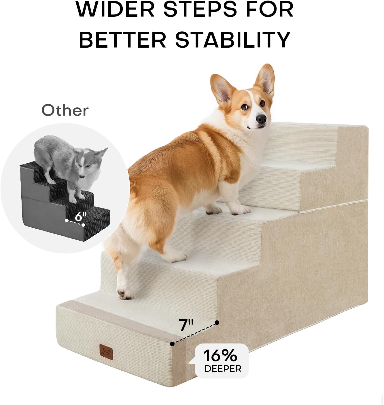 Dog Stairs for High Bed, Dog Steps for Bed Couch Sofa, 35D Foam Extra Wide Pet Steps for Small Dogs and Cats, Pet Stairs with Non-Slip Bottom Beige, 5 Steps