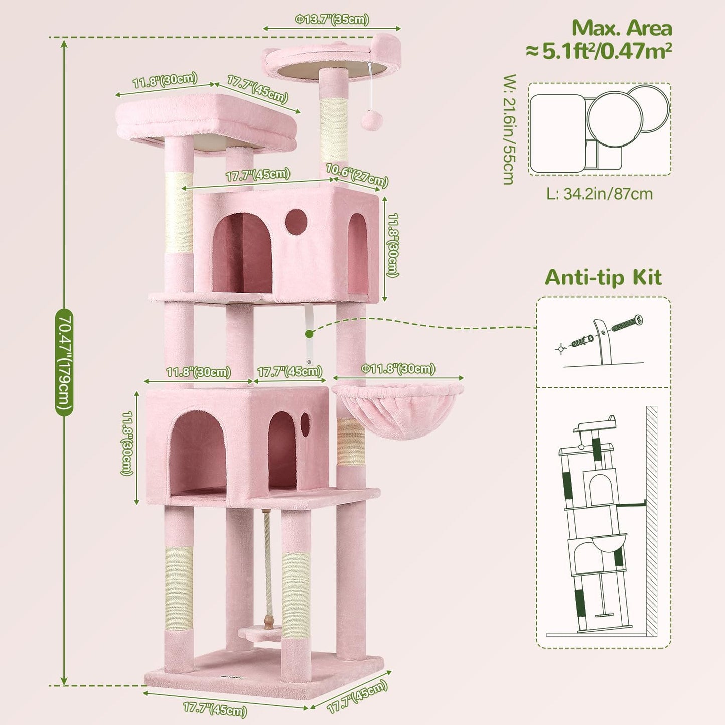 Globlazer Pink Cat Tree, 70 inch Tall Scratching Tower Multi-Level Cat Condo for Indoor Multiple Cats with 2 Large Cat Caves, Top Perch, Large Platform, Bottom Swing, F70B, Pink