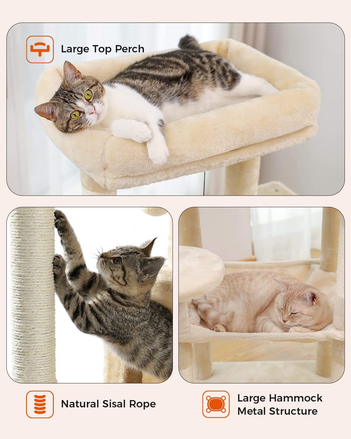 Cat Tree for Large Cats Adult with Metal Plush Big Hammock, 56.3" Cat Tower with 2 Door Condo House, 6-Tier Cat Shelves with Scratching Posts and Large Top Perch, Beige