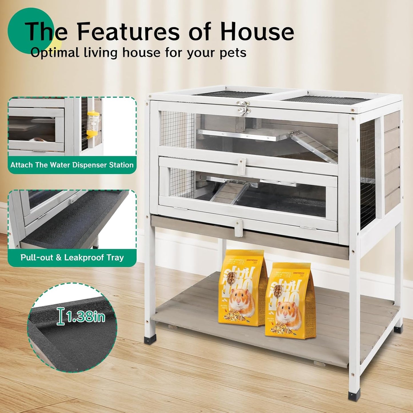 PetsCosset Guinea Pig Cages Hamster Cage Indoor with Stand Storage Wooden Outdoor Small Animals Habitat with Hideout House Pull Out Tray