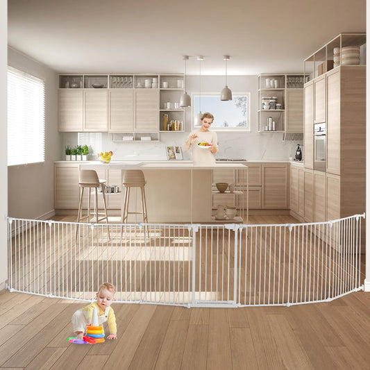 Extra Wide Baby Gate, 30" Tall 189" Wide Configurable Baby Gate Fireplace Safety Fence, Metal Pet Safety Playpen for Toddler/Pet/Dog Christmas Tree Fence (Whtie, 8-Panel)