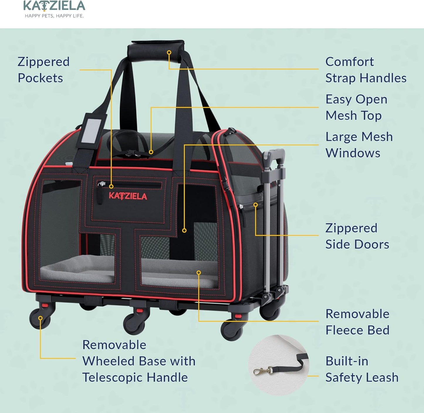 Airline Compliant Pet Carrier - Rolling Portable Travel Carry Crate for Small Dog Puppy or Cat - Soft Removable Wheeled Design with Mesh Window Sides - Airplane and TSA Compliant- by Katziela