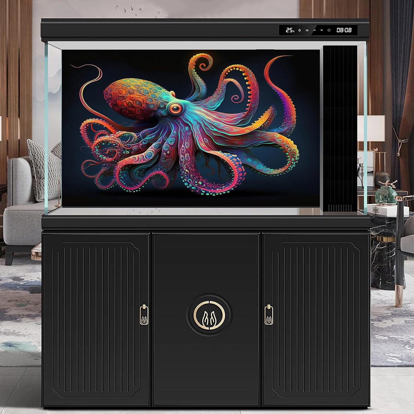 Exquisite Octopus Aquarium Background Abstract Colorful Octopus Terrarium Background Glowing Octopus on Black Background Fish Tank Backdrop Octopus Backdrops Poster Wallpaper Decors Vinyl 72x24in