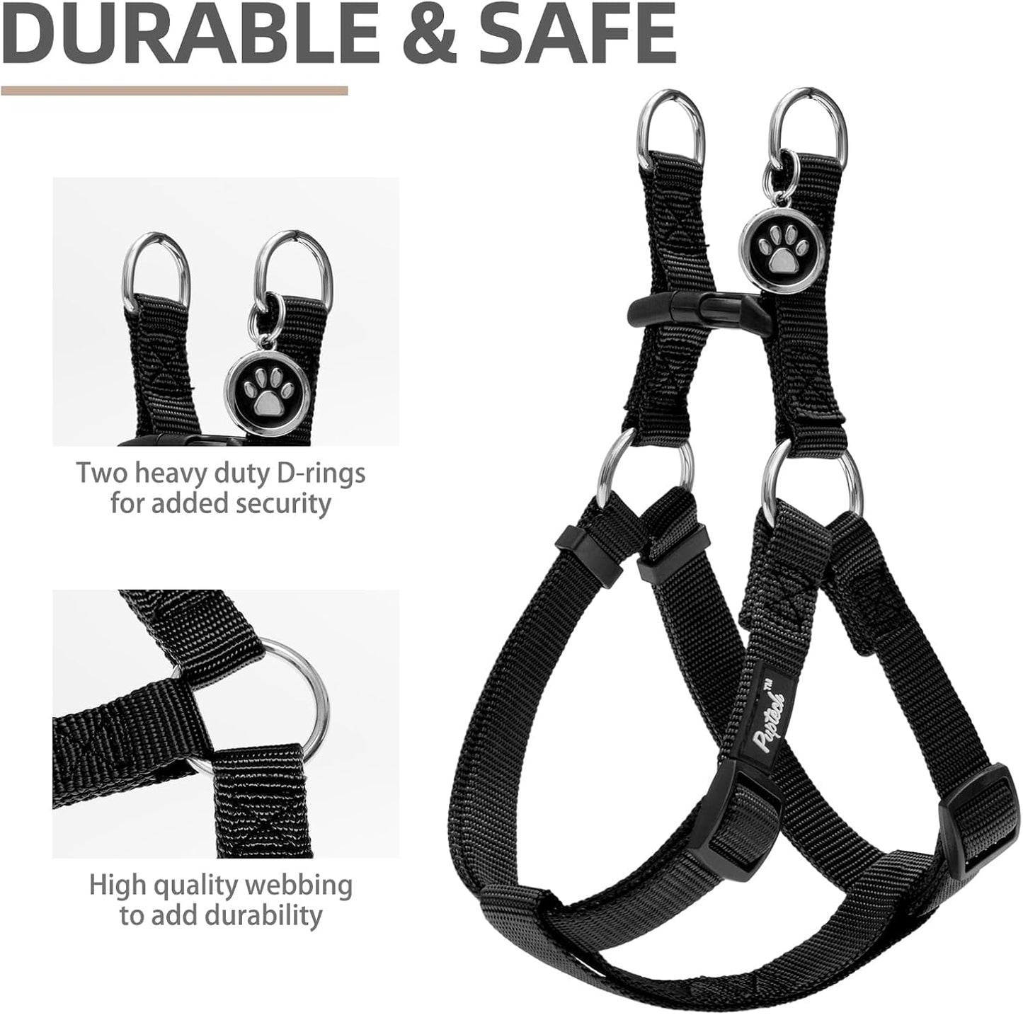PUPTECK No Pull Dog Harness Soft Adjustable Basic Nylon Step in Puppy Vest Outdoor Walking with ID Tag and A-ir Tag Case, Black, XS