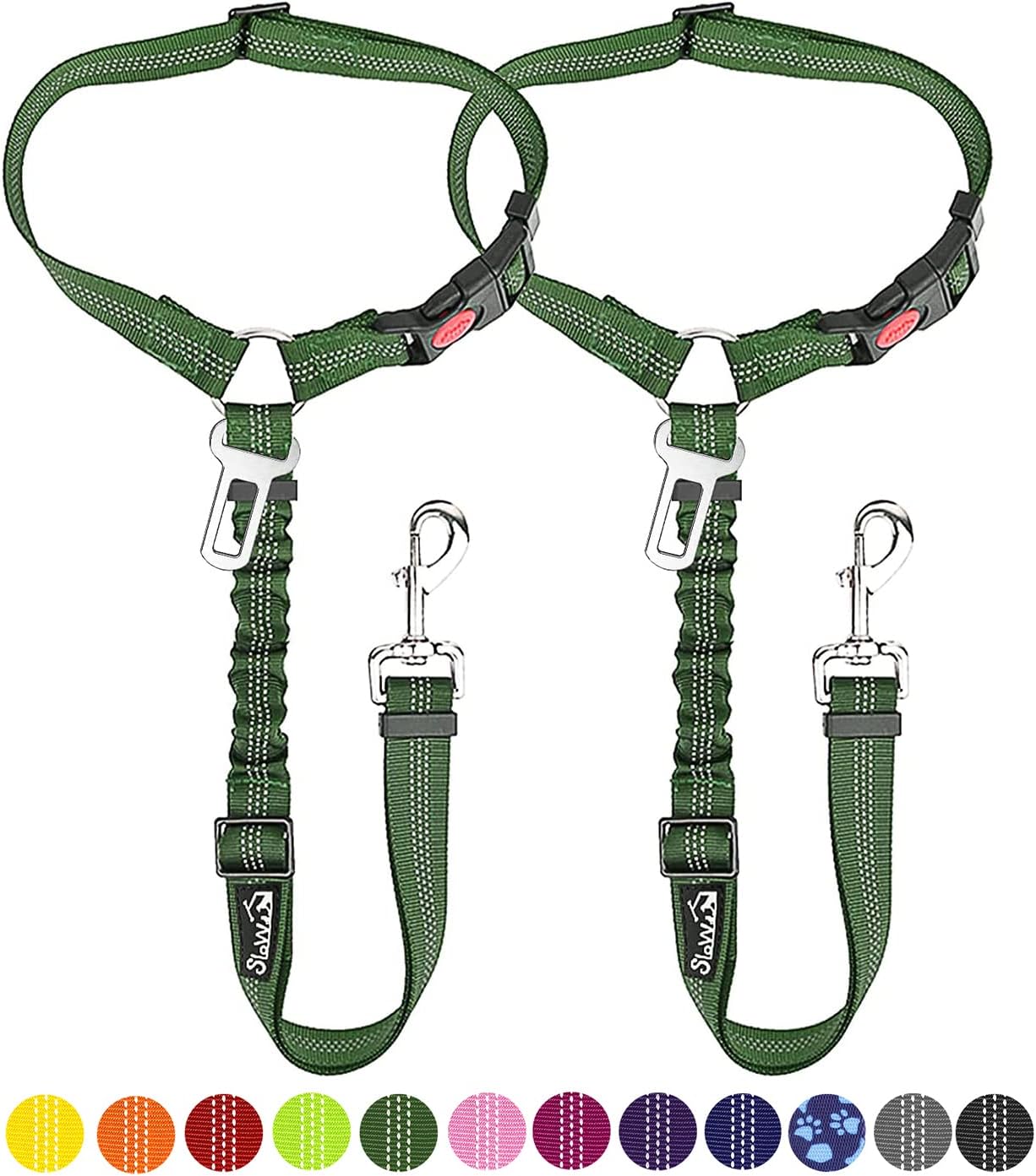 SlowTon Dog Seat Belt for Car, 2 Pack Dog Car Harness Seatbelt Adjustable with Elastic Bungee Buffer, 2 in 1 Pet Car Leash Headrest Restraint Dog Reflective Safety Tether (Green, Headrest+Clip)