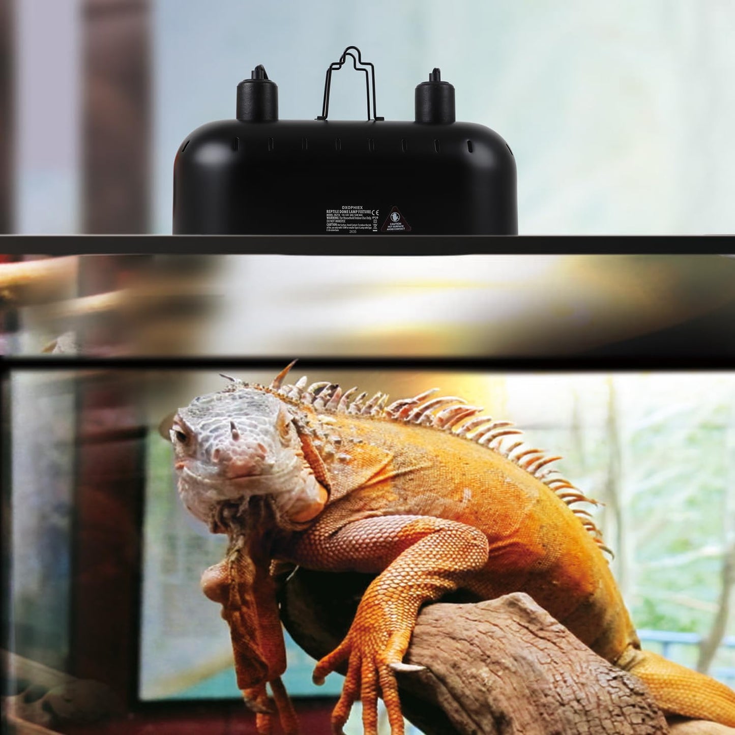 DXOPHIEX 15 inch Dual Reptile Light Fixture, Max 150W Reptile Heat Lamp with 2PCS 150W Ceramic Heat Emitter, Double Dome UVB Light Fixture for Terrarium and Tortoise Habitat