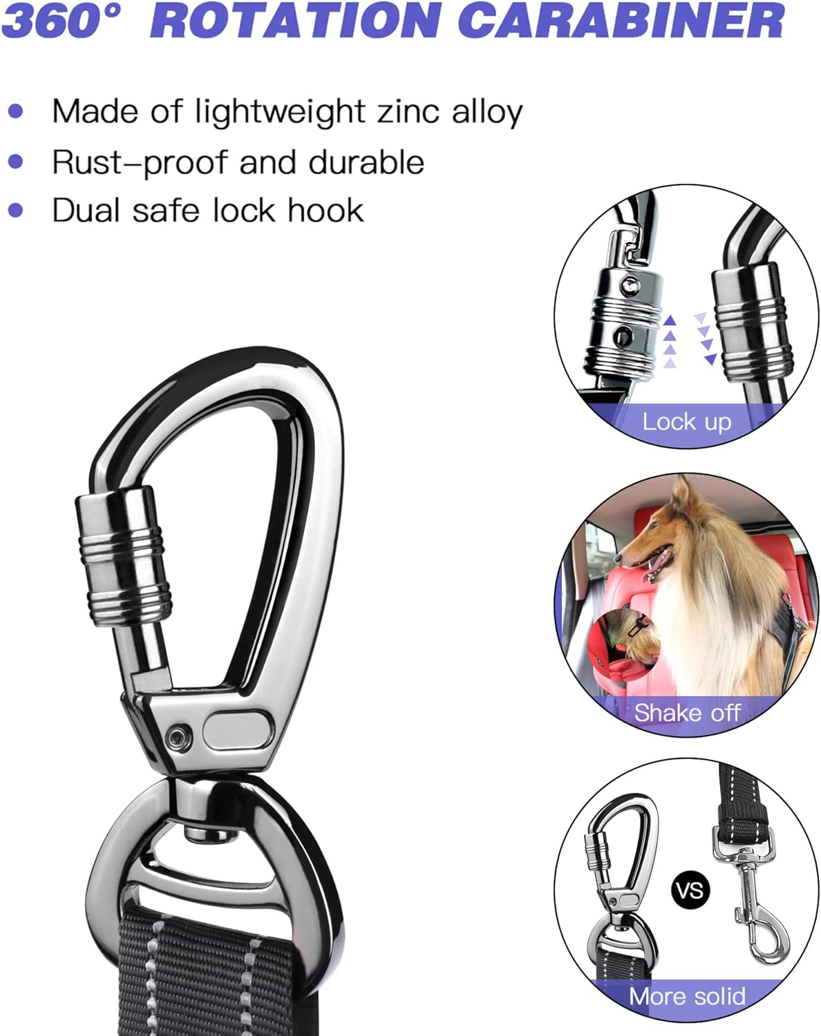 AUBELL Dog Seat Belt for Car,Updated 3-in-1 Adjustable Reflective Bungee Heavy Duty Dog Car Harness Tether with Clip Hook Latch & Buckle,Swivel Zinc Alloy Carabiner,Black