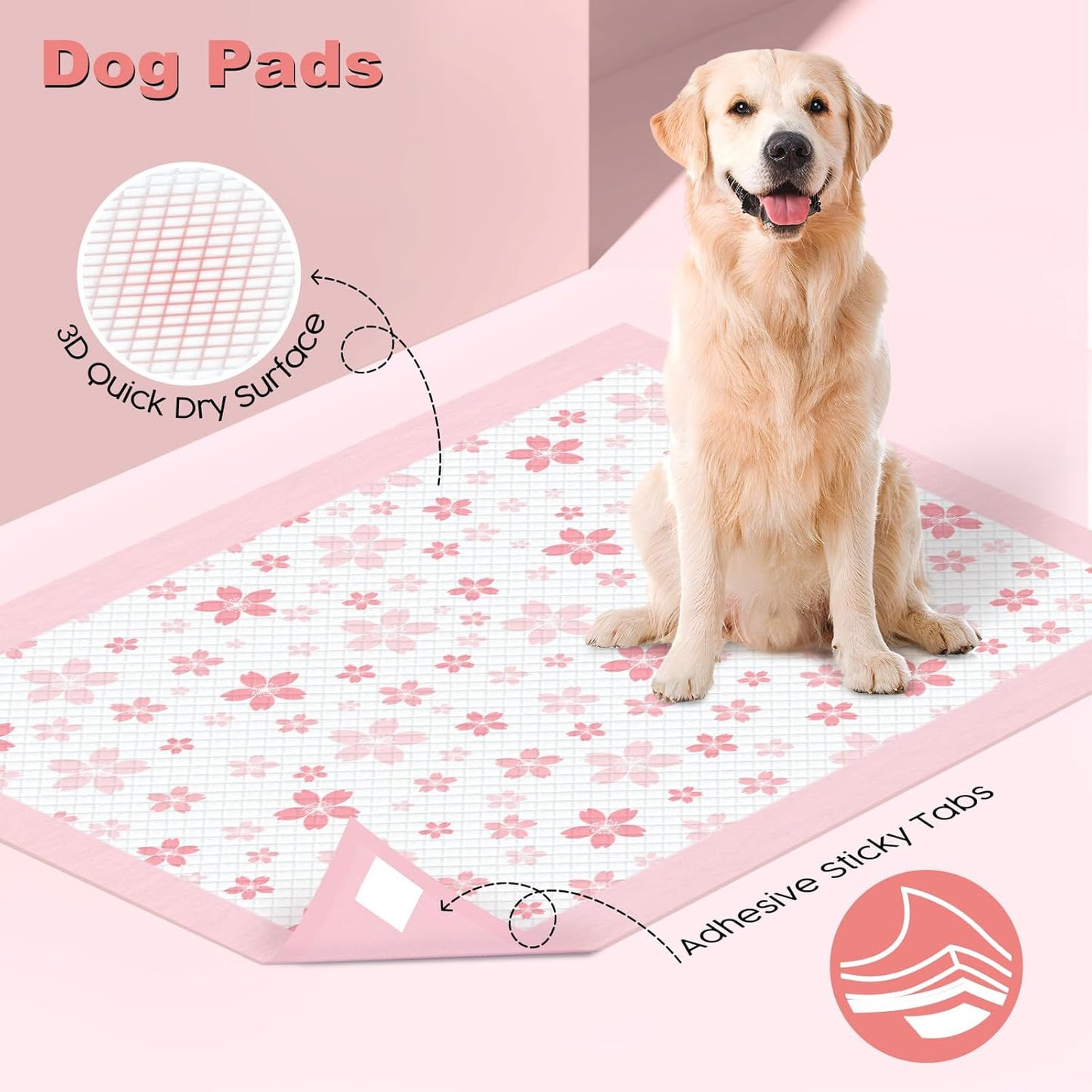MIZOK Dog Pee Pads 28x34in Pink, Puppy Pads Extra Large Absorbent with Adhesive Tabs 6-Layer Leak-Proof Quick-Dry Design Odor Control for Potty Training, Cherry Blossom Prints (40 Counts)