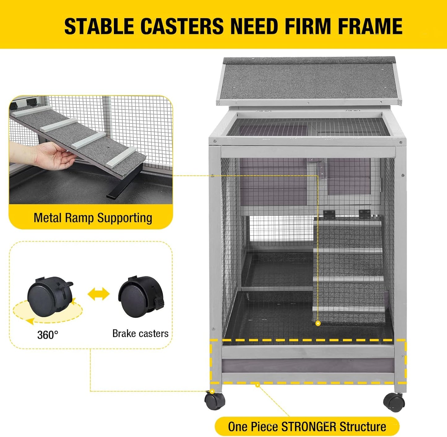 Aivituvin Rabbit Hutch Outdoor Indoor Rabbit Cage Chikcen Coop with Casters Guinea Pig Cage with 3 Deep No Leakage Pull Out Tray,Waterproof Roof