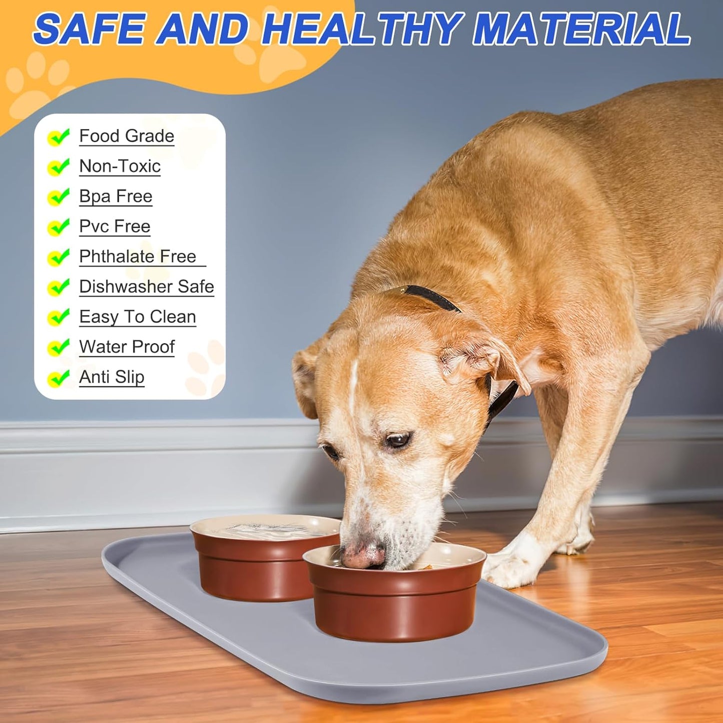 Silicone Pet Feeding Mat with Raised Edge for Food and Water, Dog Bowl Mats, Cat Bowls Placemat with High Lip for Floor Waterproof, Rubber Tray for Cats and Dogs 24 x 16 x0.8 Light Gray