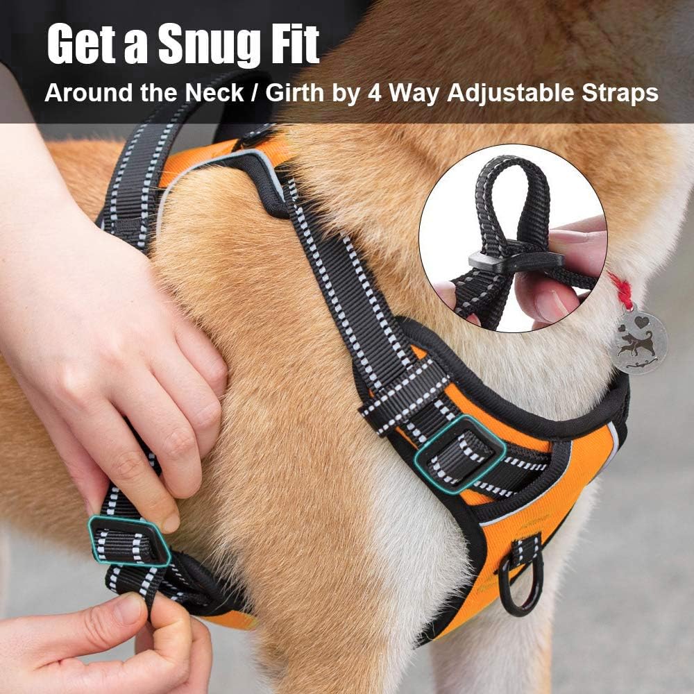 PoyPet No Pull Dog Harness, Reflective Comfortable Vest Harness with Front & Back 2 Leash Attachments and Easy Control Handle Adjustable Soft Padded Pet Vest for Small to Large Dogs (Orange,S)