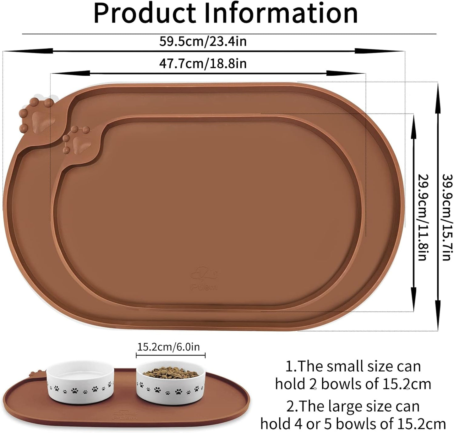 KPWACD Pet Placemat for Dog and Cat, Waterproof Silicone Dogs Feeding Bowl Mat Prevent Food and Water Overflow, High-Lips Puppy Dish Mats Suitable for Small Medium Big Pets, Brown, 24" * 16"