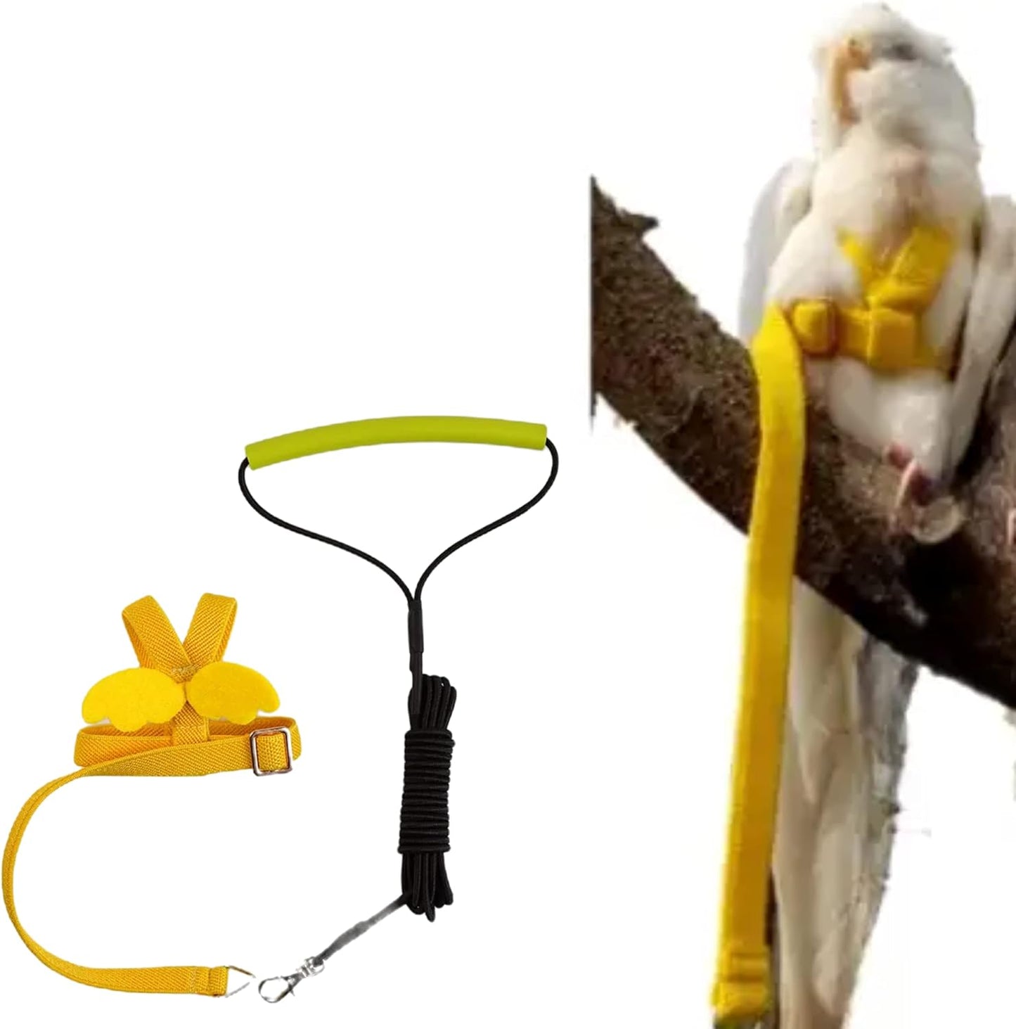 Pet Parrot Bird Harness Leash Adjustable Bird Flying Harness Traction Rope with Cute Wing for Parrots Pigeons Budgerigar Lovebird Cockatiel Mynah Outdoor Training Toy (S, Yellow)