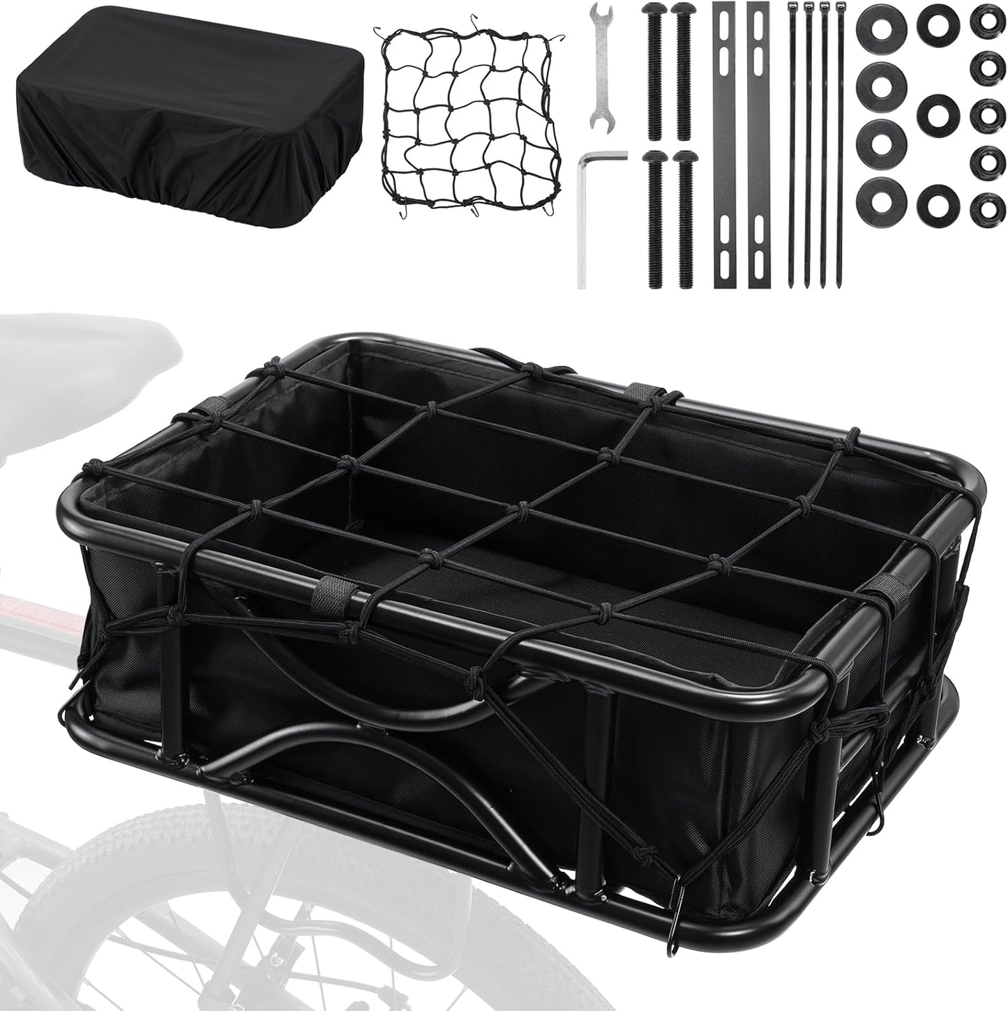 Heavy Duty Rear Bike Basket for Adults, Bicycle Cargo Basket with Removable Liner, Waterproof Cover & Cargo Net, Universal Fit for E-Bike, Mountain Bike, Dog Carrier