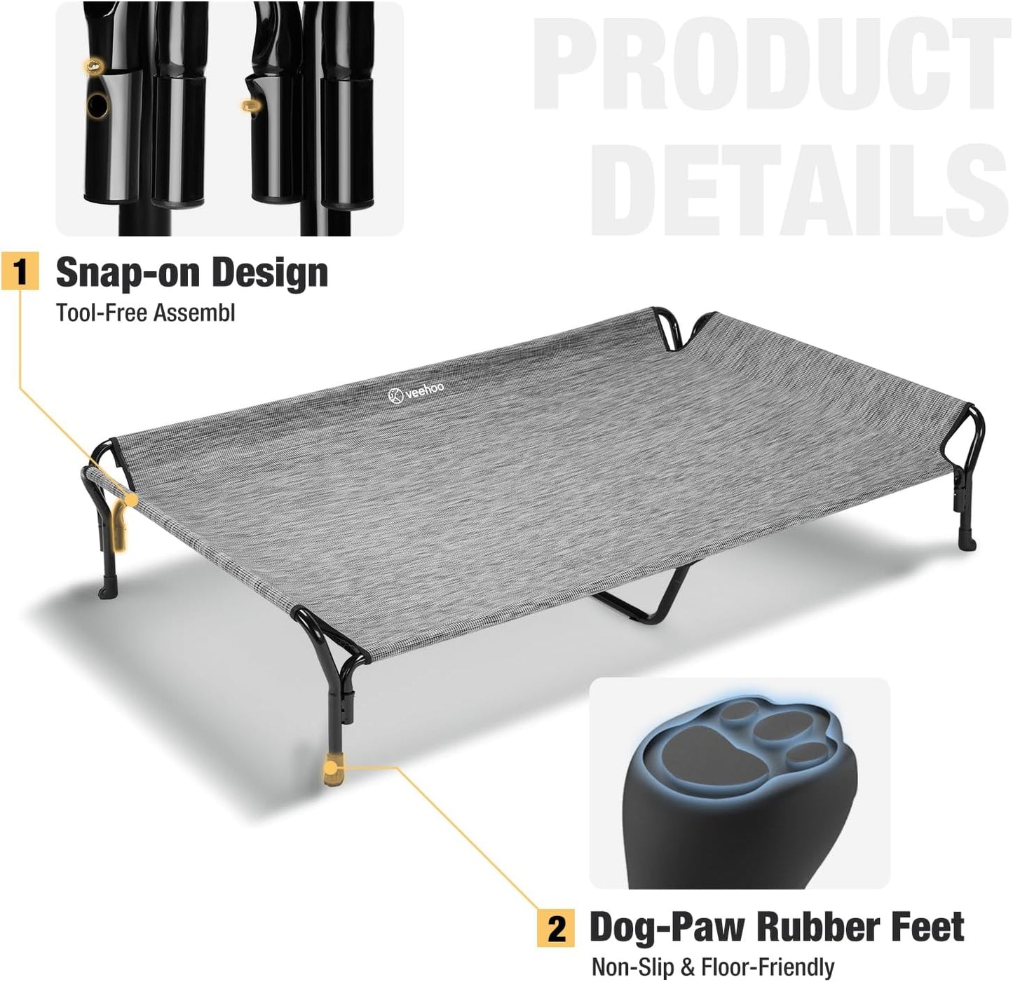 Veehoo Cooling Elevated Dog Bed, XL Raised Pet Cot with Guardrail & Slope Headrest, Durable Breathable Teslin Mesh, Non-Slip Feet, Washable Dog Couch Bed for Indoor & Outdoor, X Large, Black Silver