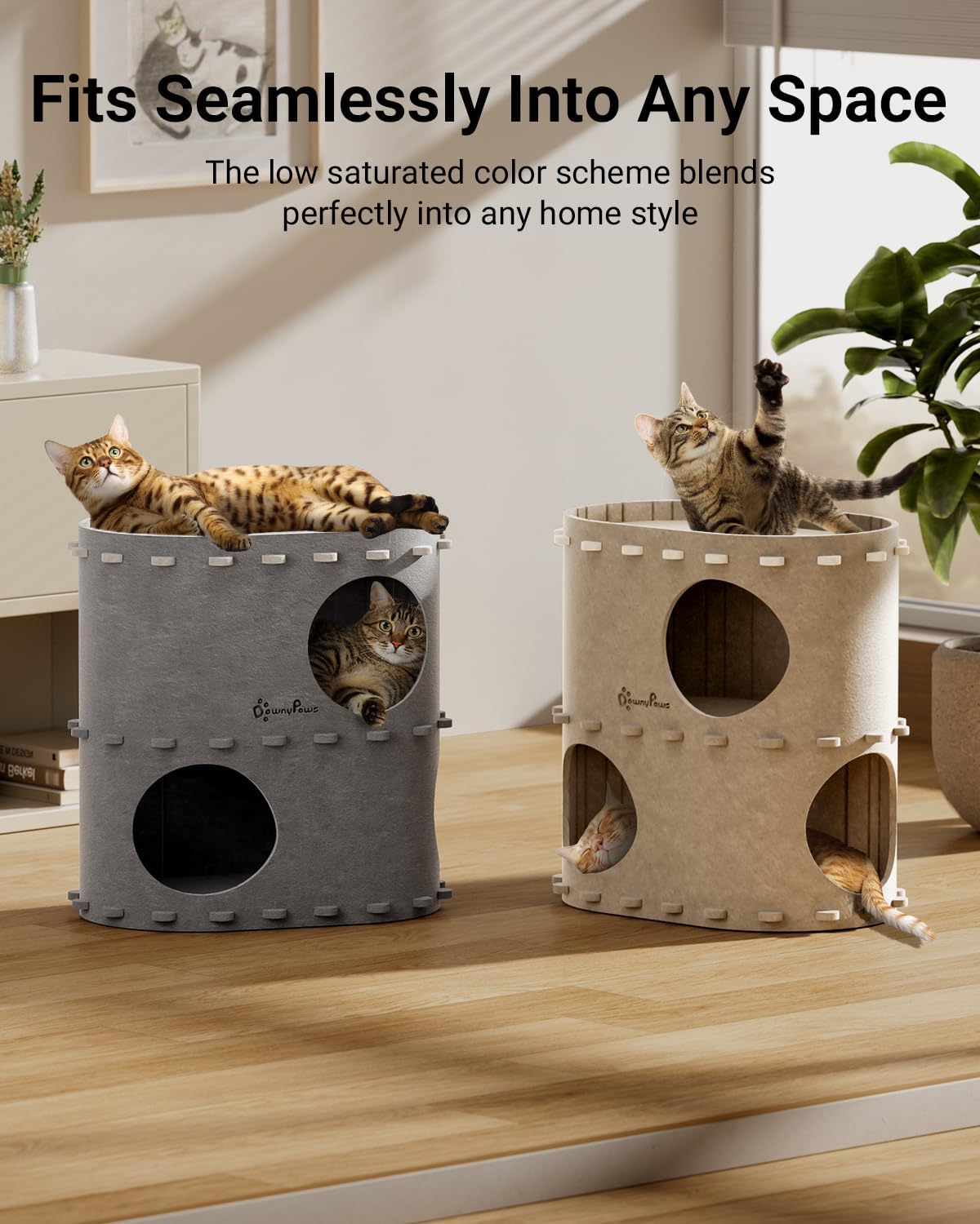 DownyPaws Cat House for Indoor Cats, 2-Storey Foldable Cat Bed Cave, Felt Cats Tunnel Bed Condo, Castle Kitten Cube Hideaway for Multicats, Scratch Resistant, Cream