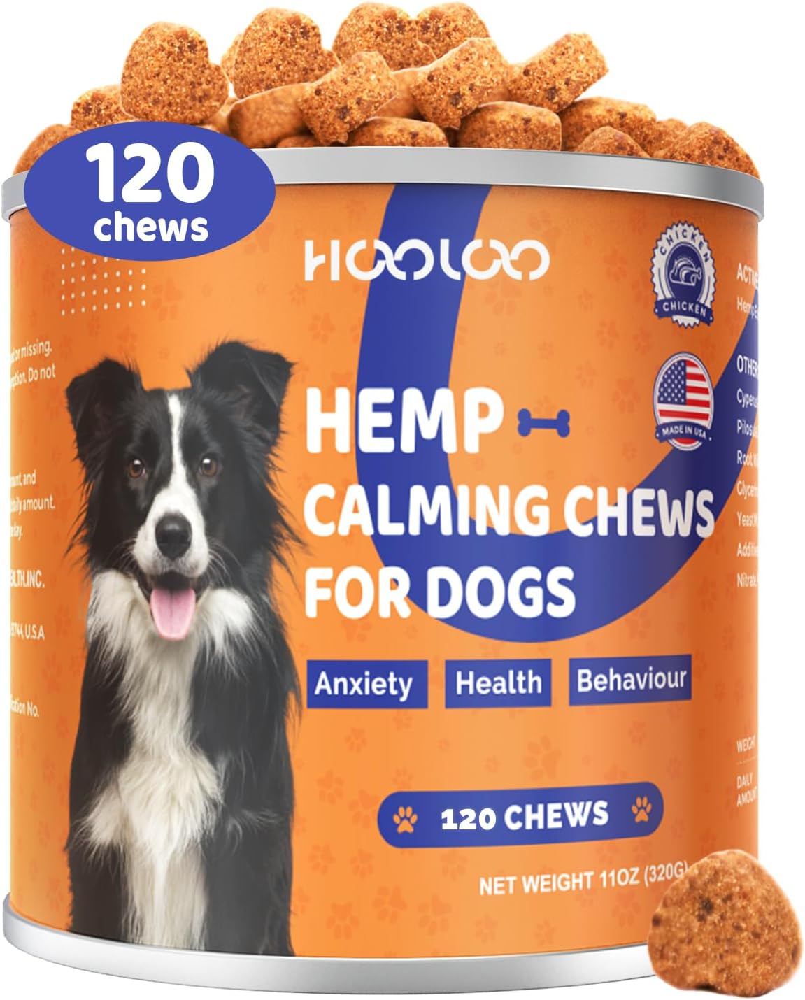 HOOLOO Calming Chews for Dog Anxiety Relief-Natural Puppy Calming Treats Help Manage Stress and Promote Relaxation,Made in USA-120 Chews