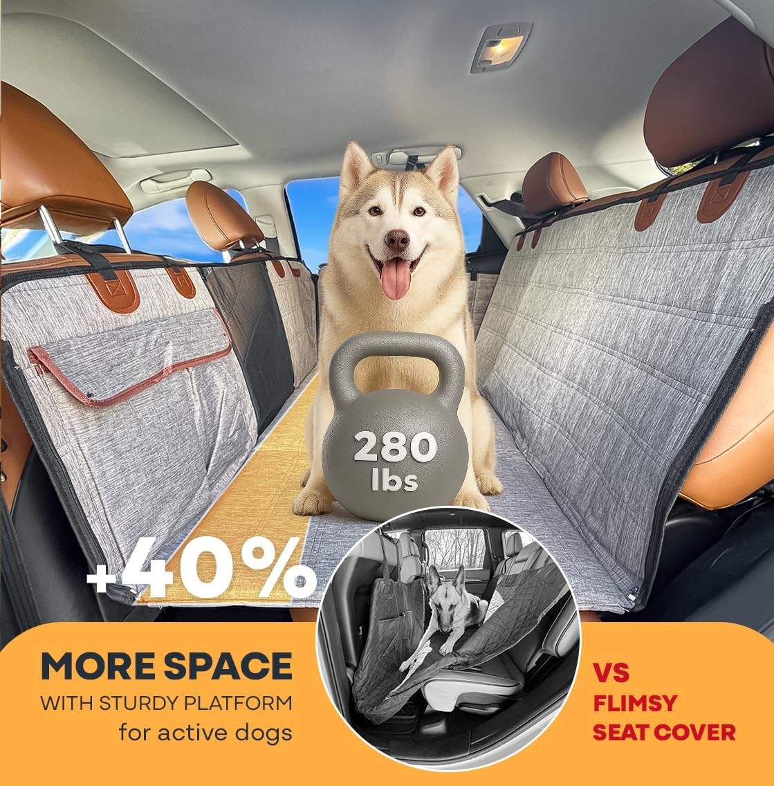 APetsPlanet Dog Car Seat Cover for Back Seat Hard Bottom - Waterproof Backseat Extender for Dogs - Pet Hammock for Car, Truck, SUV - Protector Bed with Mesh Window & Storage - Gray, with Door Covers