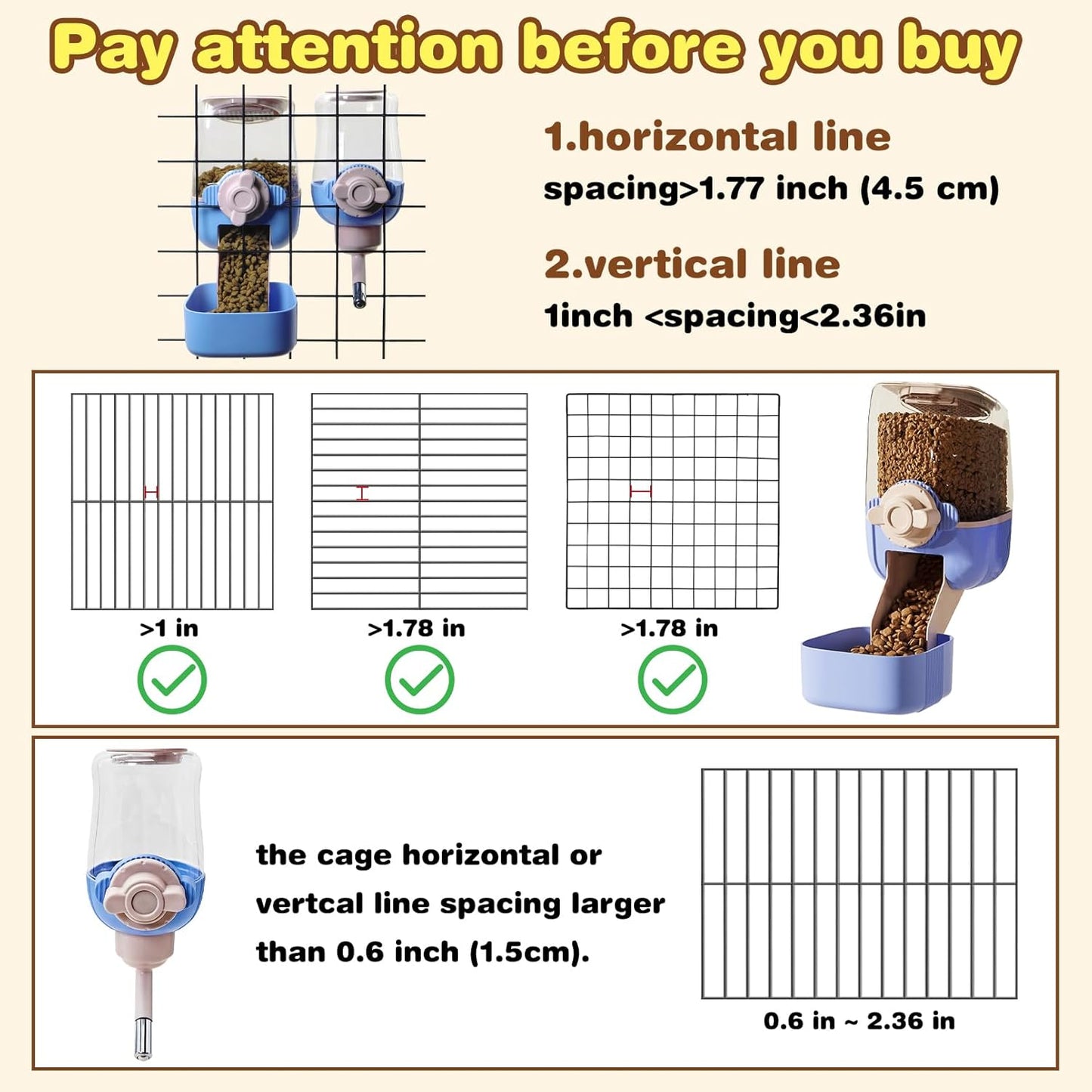 kathson Automatic Rabbit Feeder and Waterer Set, Gravity Pet Food Water Dispenser Bunny Pellet Feeder Small Animal Feeding & Watering Supplies for Guinea Pig Ferret Crate Accessories (Blue)