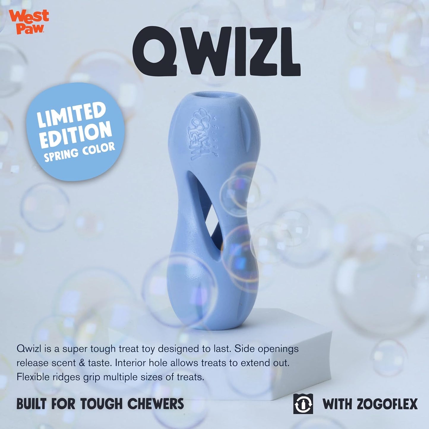 WEST PAW Zogoflex Qwizl Dog Puzzle Treat Toy – Interactive Chewing for Dogs – Dispenses Pet Treats – Brightly-Colored Dog Enrichment Toy for Aggressive Chewers, Fetch, Catch, Large 6.5", Periwinkle