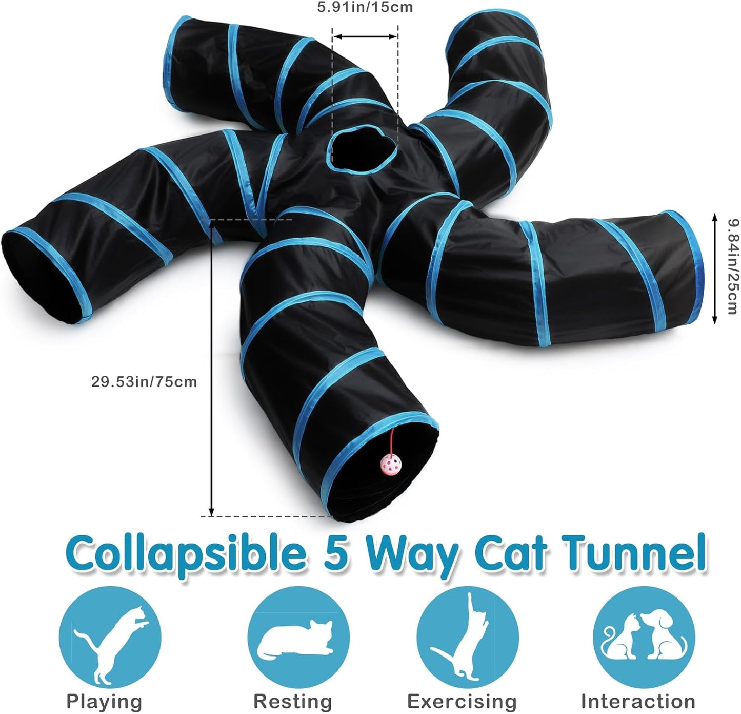Poen 21 Pcs Cat Tunnel for Indoor Set Collapsible 5 Way Tubes with 20 Pcs Cat Kitten Toys Interactive Feather Toy Mouse Crinkle Balls Tube for Puppy Kitten Rabbit(Blue Black)