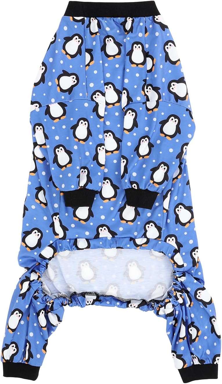 HDE Dog Pajamas One Piece Jammies Jumpsuit Pet Clothes Outfit Stretchy Lightweight Comfy Shirt Pjs for M-3XL Dogs Penguin Polka Dots - L