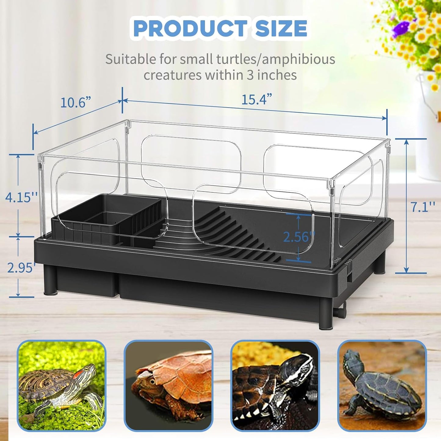 Small Turtle Tank Kit, Acrylic Turtle Tank Starter Kit with Basking Platform, Bottom Drainage, Multi-Function Areas for Turtles, Crabs, Crayfish, Small Reptiles. (Black Kit)