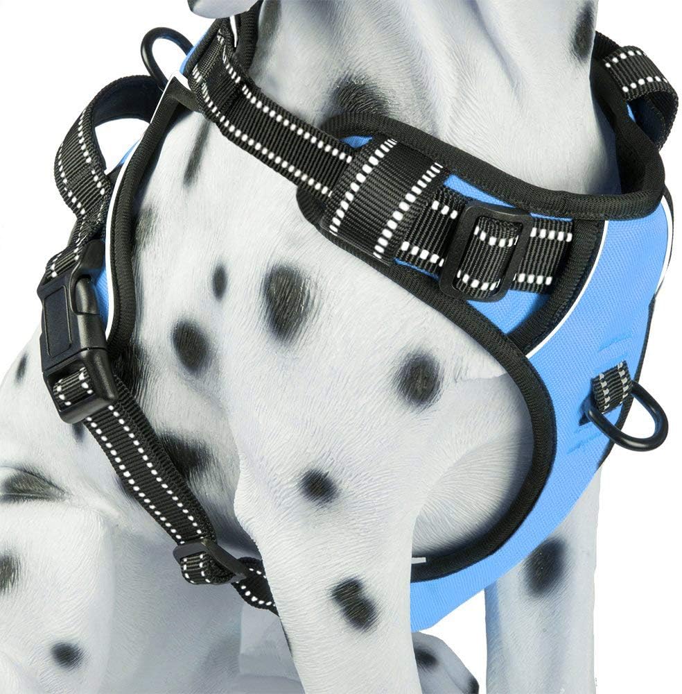 PoyPet No Pull Dog Harness, Reflective Comfortable Vest Harness with Front & Back 2 Leash Attachments and Easy Control Handle Adjustable Soft Padded Pet Vest for Small to Large Dogs (Light Blue,XL)