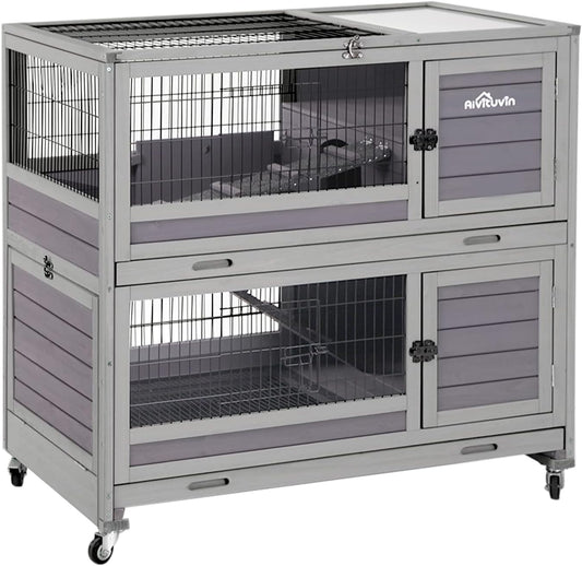 Aivituvin Rabbit Hutch Rabbit Cage Outdoor & Indoor on Wheels Bunny cage with Deep No Leak Pull Out Tray,Upgrade Version (Gray)