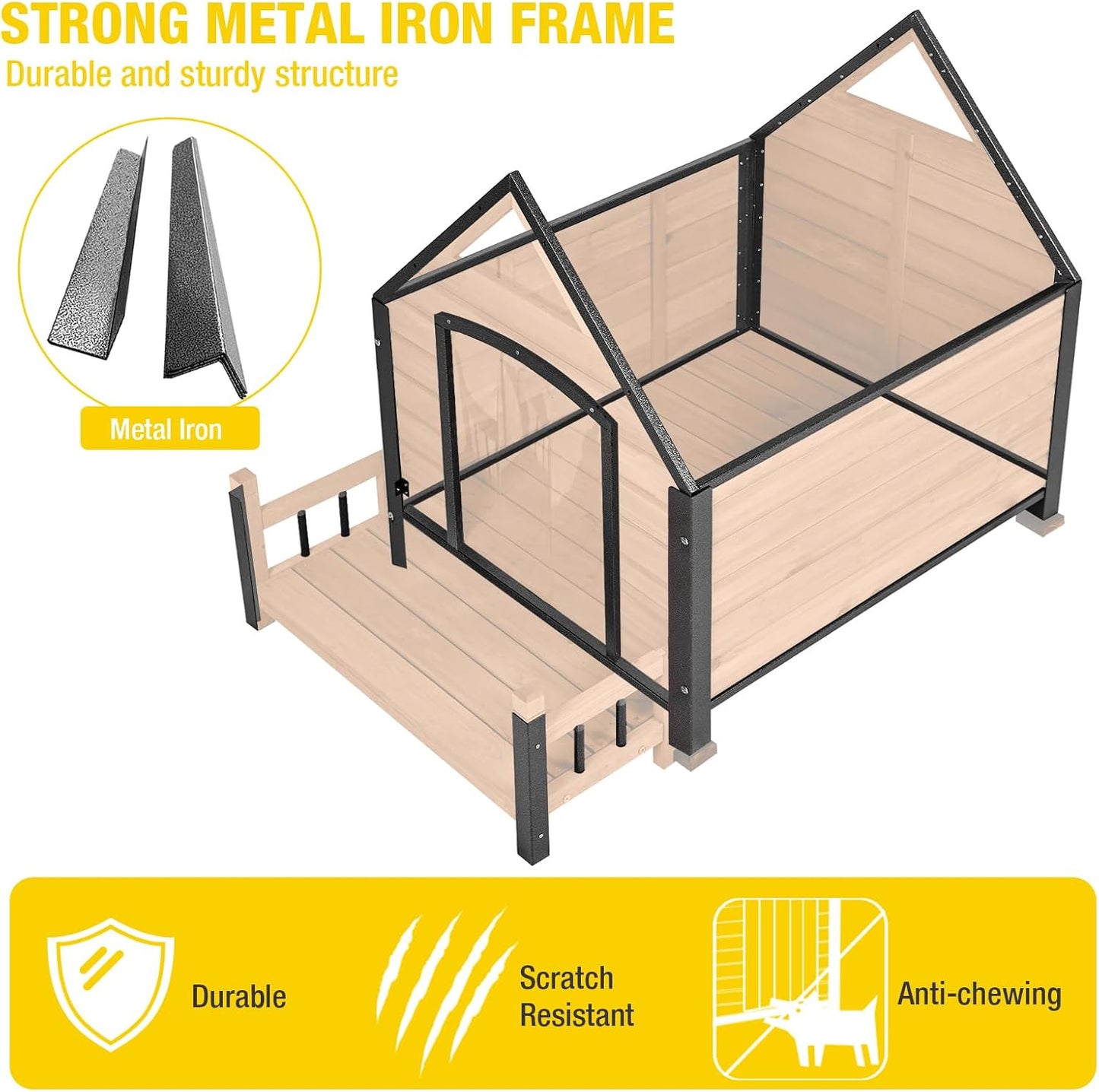 AIVITUVIN Dog House Outdoor Anti-Bite Metal Frame Design Wooden Dog Kennel Outside with Elevated Floor Weatherproof (Brown, 45" D x 32.9" W x 32.6" H)