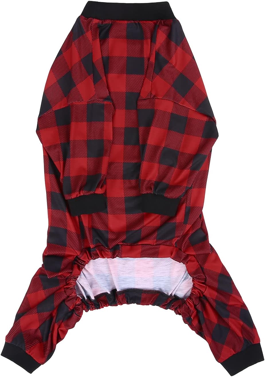 HDE Dog Pajamas One Piece Jammies Jumpsuit Pet Clothes Outfit Stretchy Lightweight Comfy Shirt Pjs for M-3XL Dogs Buffalo Plaid - M