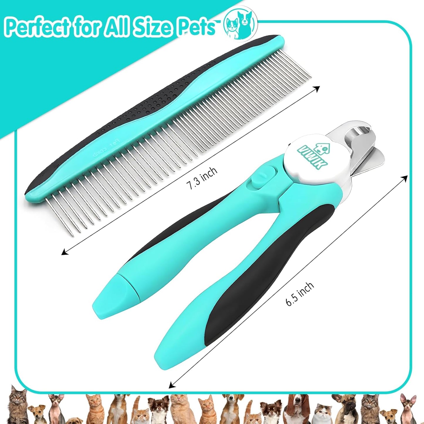 VIWIK 2 in 1 Dog Nail Trimmers with LED Light for Bloodline, Dog Comb, Dog Nail Clippers with Quick Sensor & Safety Guard to Avoid Overcutting, Cat Puppy Claw Clipper for Grooming with Nail File Blue