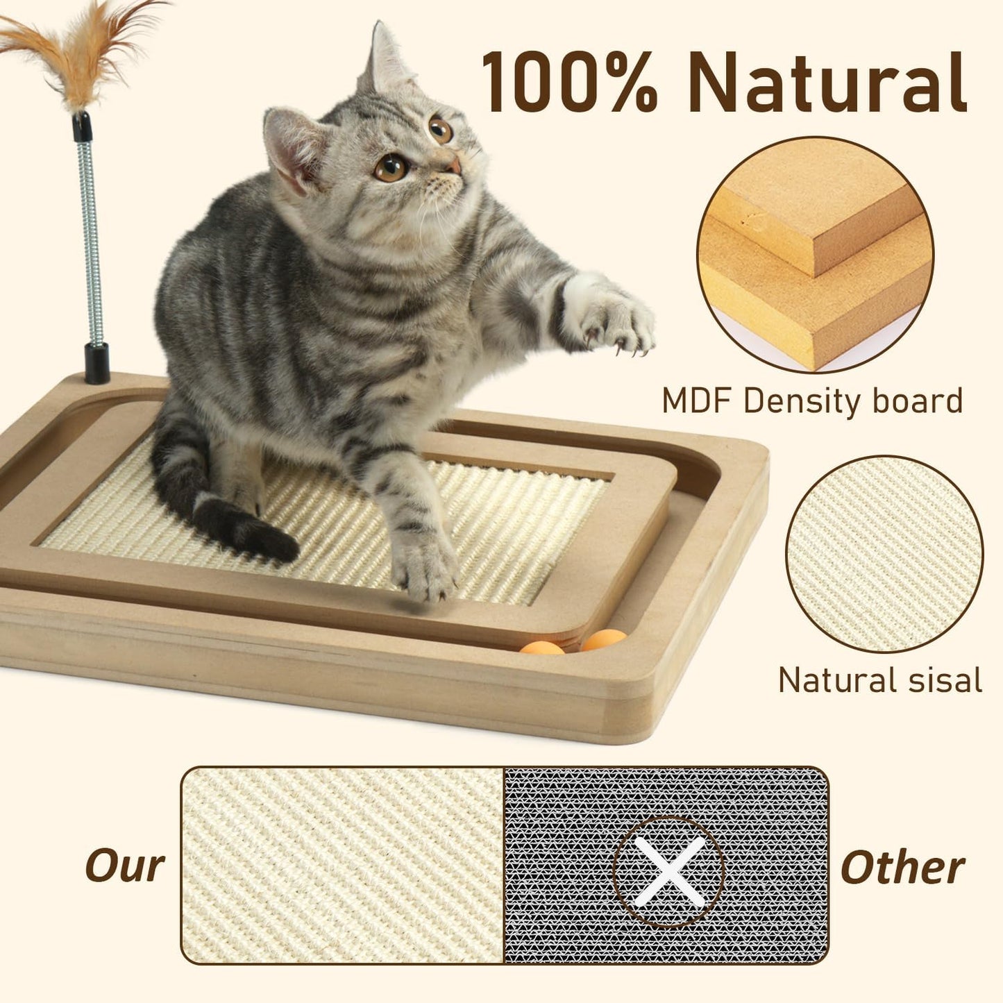 PEEKAB Cat Scratcher,Sisal Scratching Board with Track Ball Interactive Toy and Swing Feather Toys for Indoor Cats and Kittens,Large Heavy Durable