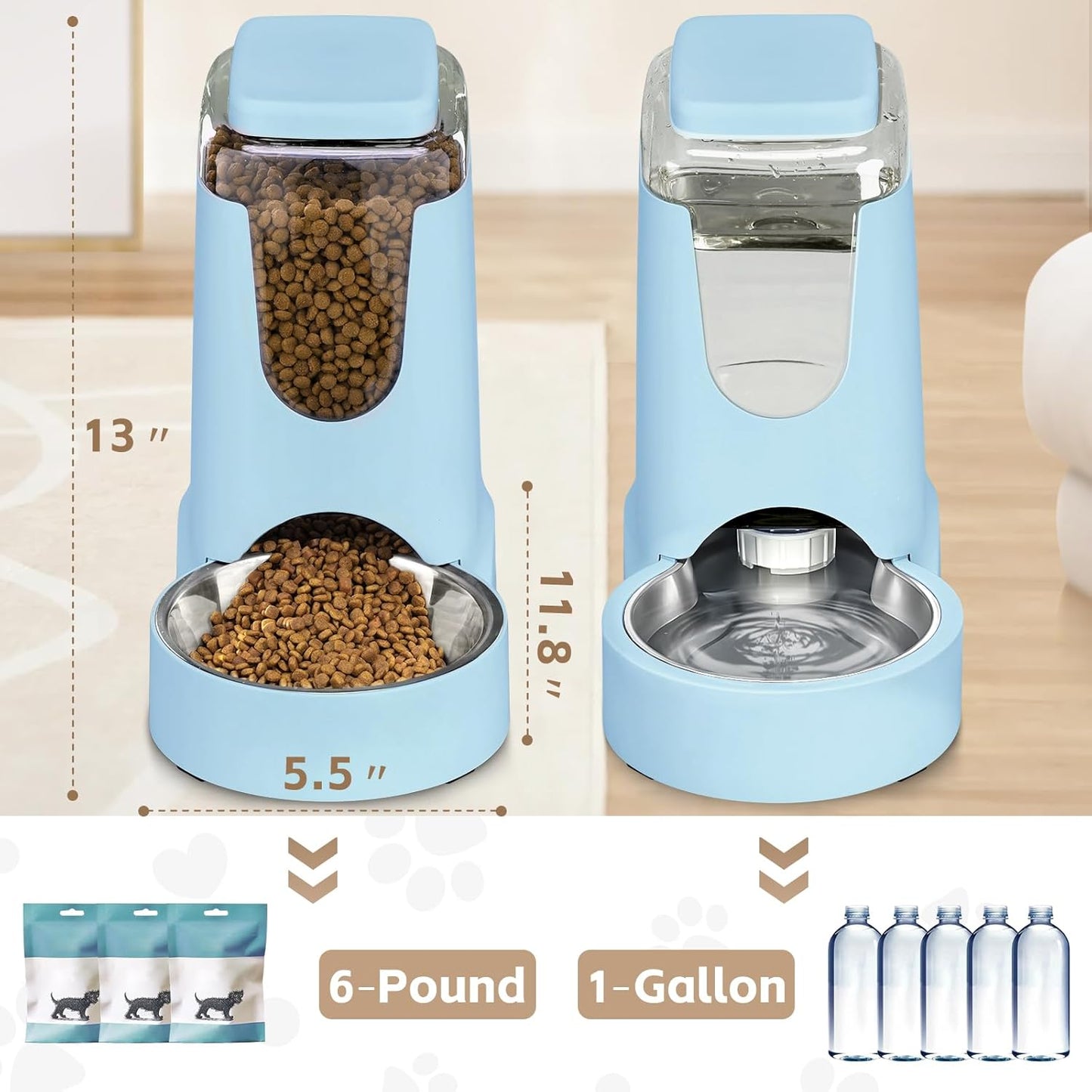 Portable Automatic Cat Feeder and Water Dispenser with Stainless Steel Bowl Dog Gravity Food Feeder and Waterer for Small Medium Pets Puppy Kitten 1 Gallon x 2 (Light Blue（3.8L*2）)