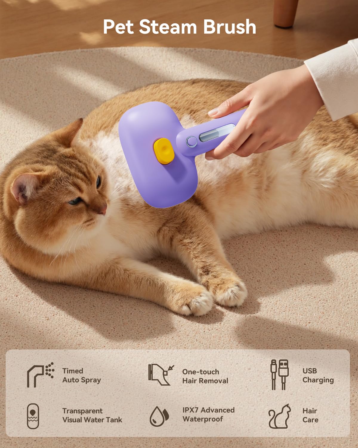 ROJECO 3-in-1 Pet Steam Brush for Cats&Dogs - Detangling Comb with Adjustable Mist, Handheld Deshedding Grooming Tool for Long/Short Hair, Massage Brush & Shedding Control Gift,Cordless,Purple