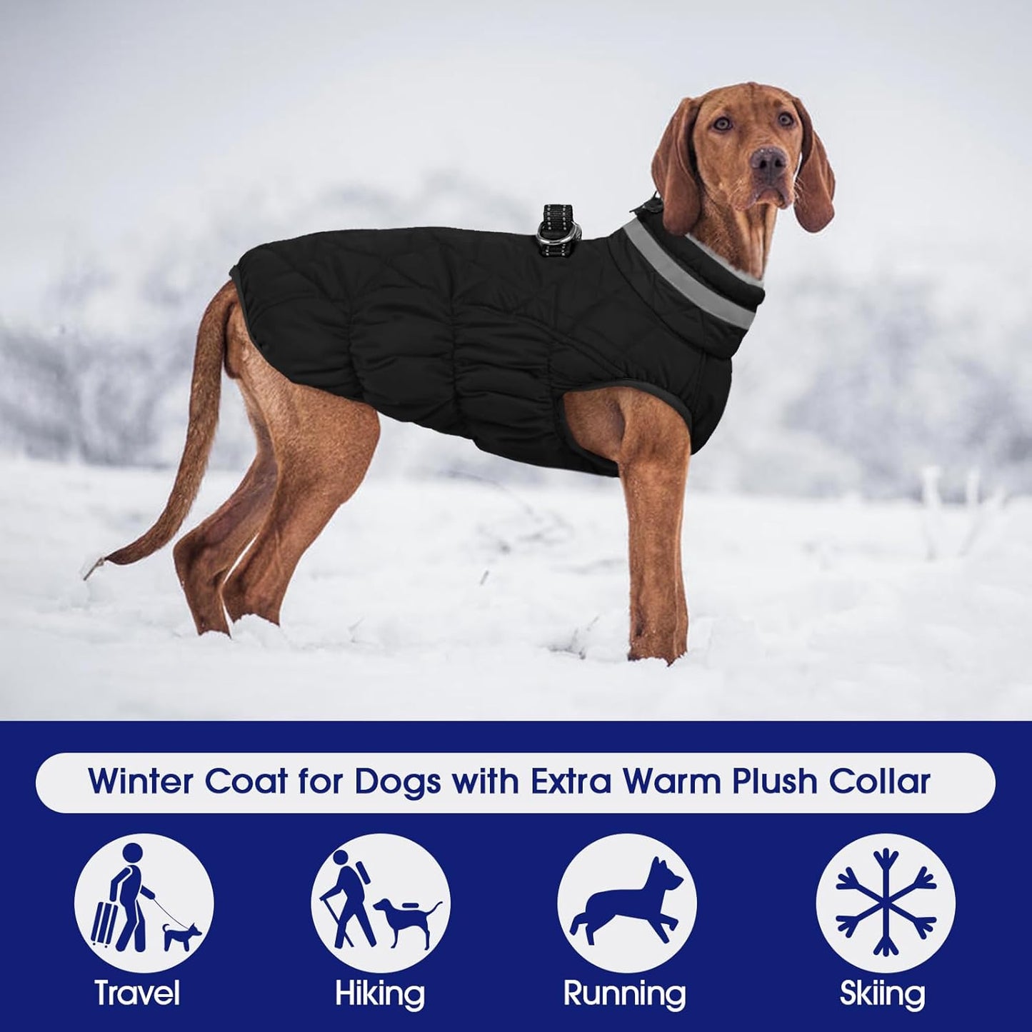 FUAMEY Dog Coat for Large Dogs,Waterproof Dog Winter Jacket with Harness Built in Puppy Cold Weather Coats Reflective Pet Vest with Zipper Warm Fleece Dogs Snowsuit Windproof Solid Black 2XL